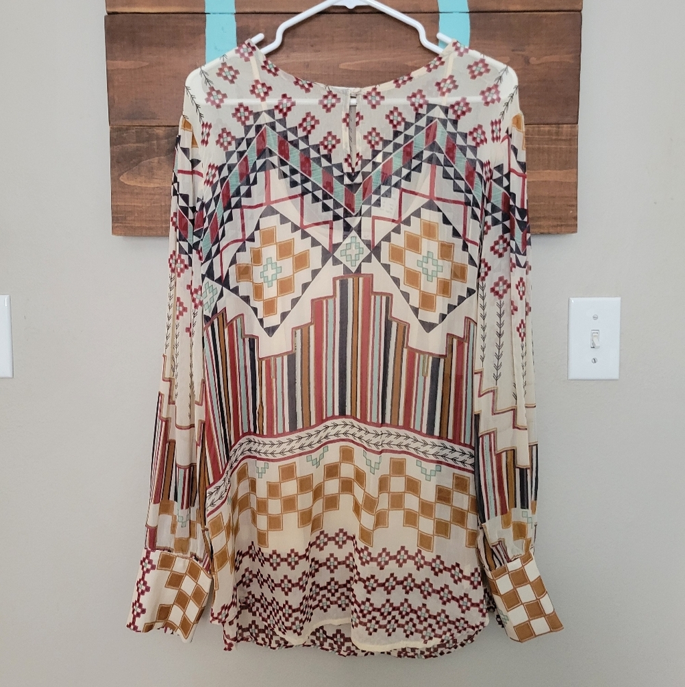 Derhy Geometric Wertern Long Sleeve Key Whole Neckline Sheer Top Size XL